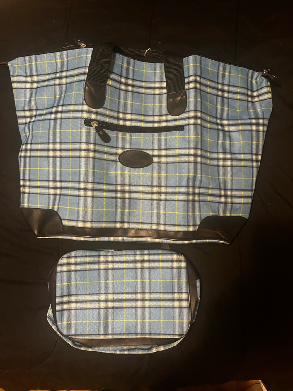 Plaid Blue Tote Bag with Matching Pouch - Travel & Everyday Carry